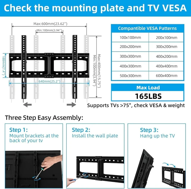 Alt view image 9 of 14 - HOME VISION TV Wall Mount Tilt for 32-75 inch Flat/Curved TVs up to 165lbs, Heavy Duty Tilting TV Mount, Large Low Profile Wall Mount TV Bracket Fits 16/18/24" Stud, Max VESA 600x400mm