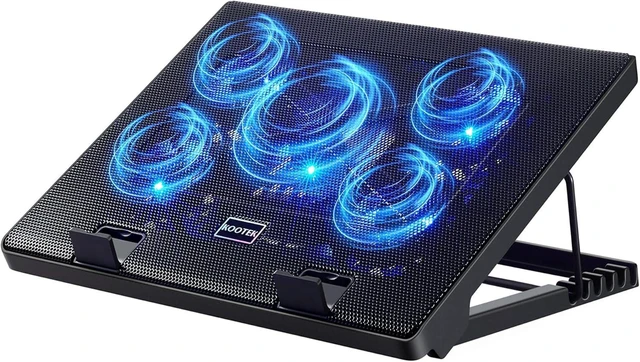 Alt view image 8 of 14 - Kootek Laptop Cooling Pad, Laptop Cooler with 5 Quiet Fans for 12"-17" Computer PC Notebook Gaming Laptop Fan, Height Adjustable Laptop Cooling Stand Laptop Accessories, Blue