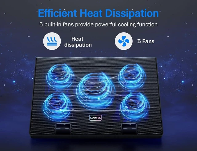 Alt view image 9 of 14 - Kootek Laptop Cooling Pad, Laptop Cooler with 5 Quiet Fans for 12"-17" Computer PC Notebook Gaming Laptop Fan, Height Adjustable Laptop Cooling Stand Laptop Accessories, Blue