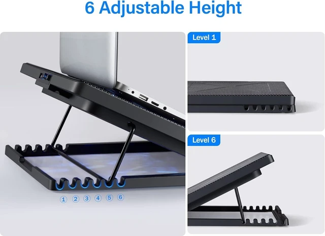 Alt view image 10 of 14 - Kootek Laptop Cooling Pad, Laptop Cooler with 5 Quiet Fans for 12"-17" Computer PC Notebook Gaming Laptop Fan, Height Adjustable Laptop Cooling Stand Laptop Accessories, Blue