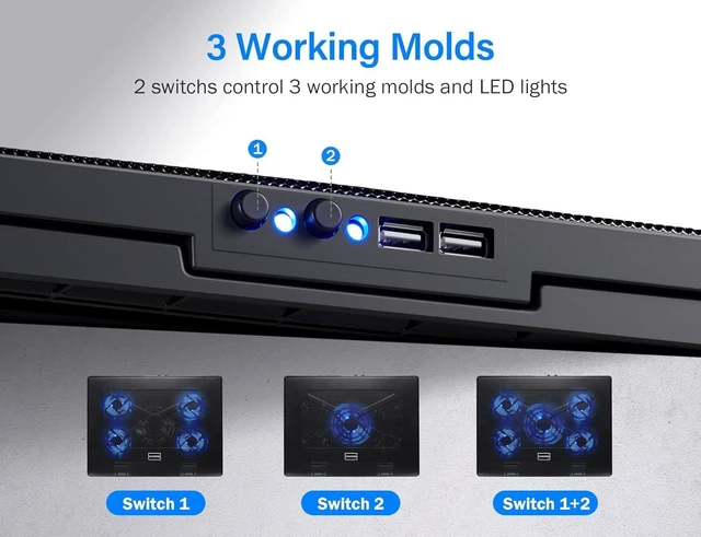 Alt view image 11 of 14 - Kootek Laptop Cooling Pad, Laptop Cooler with 5 Quiet Fans for 12"-17" Computer PC Notebook Gaming Laptop Fan, Height Adjustable Laptop Cooling Stand Laptop Accessories, Blue
