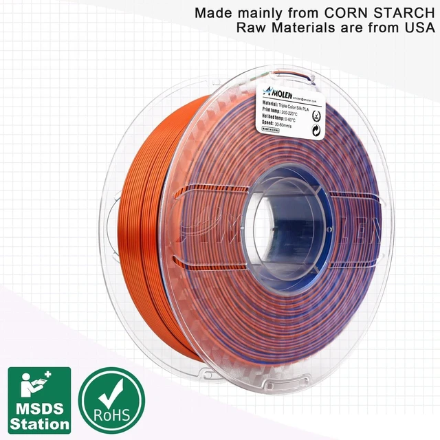 Alt view image 14 of 14 - AMOLEN 3D Printer Filament Triple Color Silk PLA Filament 1.75mm, Blue Green Orange 3D Printing Filament Bundle, 1kg / 2.2lbs