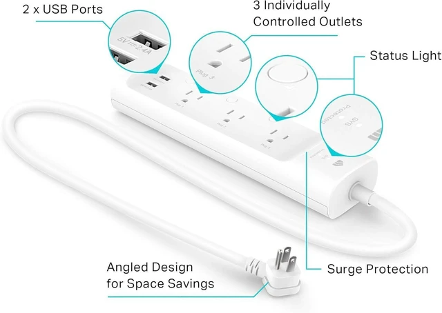 Alt view image 10 of 14 - Kasa Smart Plug Power Strip KP303, Surge Protector with 3 Individually Controlled Smart Outlets and 2 USB Ports, Works with Alexa & Google Home, No Hub Required , White