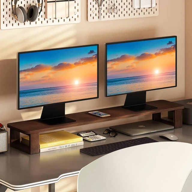 Alt view image 14 of 14 - Ufine Dual Monitor Stand Riser 2 Heights Adjustable Wood Computer Monitor Stand Desktop Organizer, Large Monitor Stand for 2 Monitors, Laptop, TV, Printer