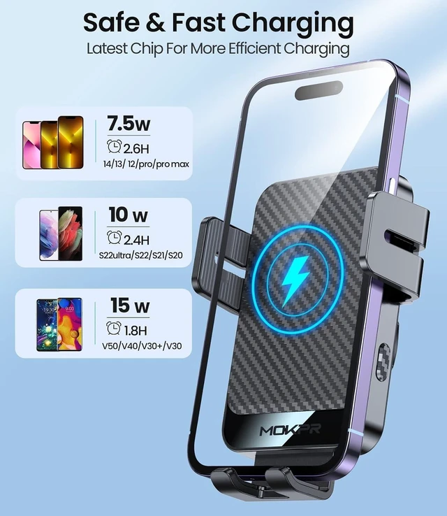 Alt view image 12 of 14 - Wireless Car Charger, MOKPR 15W Fast Charging Auto-Clamping Car Mount Universal Hands-Free Car Charger Mount for Dash Windshield Air Vent Compatible with iPhone 15/14/13/12, Samsung S23/S22/S21,etc