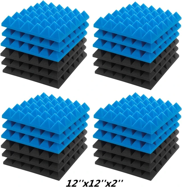 Alt view image 12 of 14 - JBER Acoustic Sound Foam Panels, 24 Pack 2" X 12" X 12" Blue and Black Soundproofing Treatment Studio Wall Padding Sound Absorbing Fireproof Pyramid Acoustic Treatment