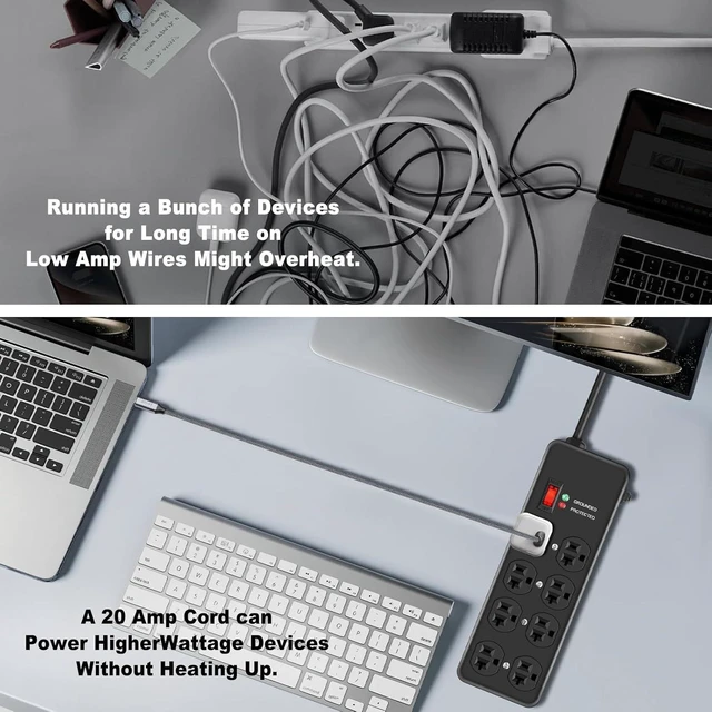 Alt view image 12 of 14 - 20Amp Power Strip Surge Protector, Durable Metal 8-Outlet with Heavy Duty 20 Amp 10Ft 12 Gauge Extension Cord, for Garage, Workshop & Industrial Use with 6-20R T-Slot Outlets, 4800J