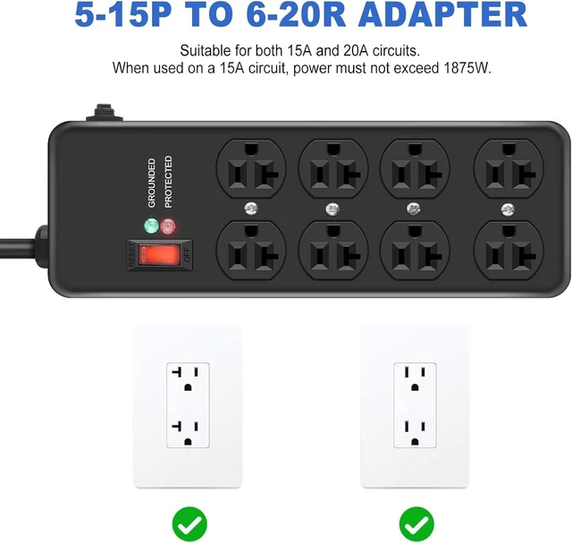 Alt view image 11 of 14 - 20Amp Power Strip Surge Protector, Durable Metal 8-Outlet with Heavy Duty 20 Amp 10Ft 12 Gauge Extension Cord, for Garage, Workshop & Industrial Use with 6-20R T-Slot Outlets, 4800J