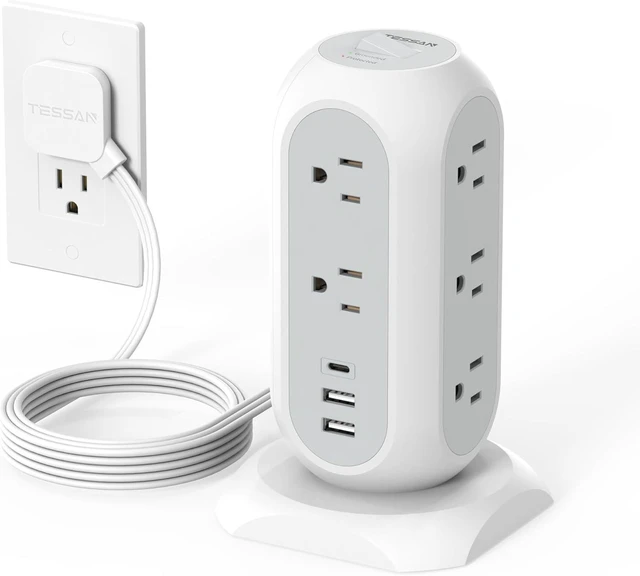 Alt view image 7 of 11 - Tower Power Strip Flat Plug with 11 Outlets 3 USB (1 USB C), TESSAN Surge Protector Tower 1625W/13A,1050J Protection, 6 Feet Extension Cord with Multiple Outlets, Office Desk Supplies, Dorm Essentials