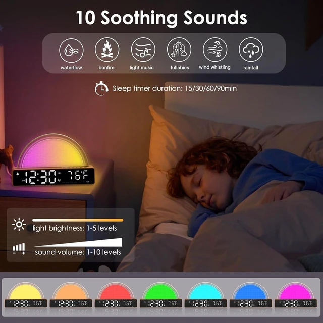 Alt view image 10 of 14 - Sunrise Alarm Clock, Wake Up Light Dawn Simulator, Bedside Lamp Color Night Light with USB Charger, Sleep Aid, Loud Sunlight Alarm Clock for Heavy Sleepers Adults, Gift for Kids Teens Boys Girls