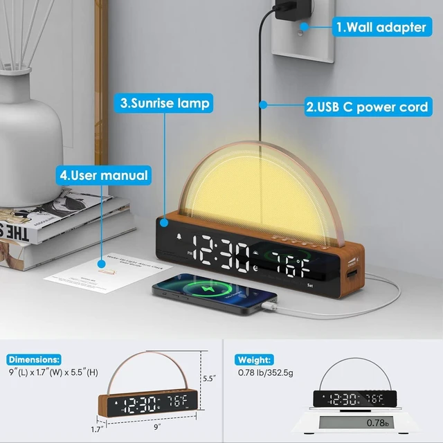 Alt view image 14 of 14 - Sunrise Alarm Clock, Wake Up Light Dawn Simulator, Bedside Lamp Color Night Light with USB Charger, Sleep Aid, Loud Sunlight Alarm Clock for Heavy Sleepers Adults, Gift for Kids Teens Boys Girls