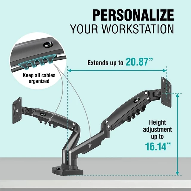 Alt view image 13 of 14 - ELG Full Motion Swivel Dual Monitor Desk Mount Stand Gas Spring for Two Screens 17 to 35'' (4.4lbs to 19.8lbs Load for Each Display), Computer Monitor Stand F160N, Black