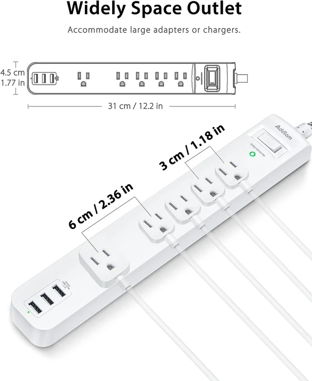 Alt view image 10 of 14 - 2 Pack Power Strip Surge Protector - 5 Widely Spaced Outlets 3 USB Charging Ports, 1875W/15A with 5Ft Braided Extension Cord, Flat Plug, Overload Surge Protection, Wall Mount for Home Office,White