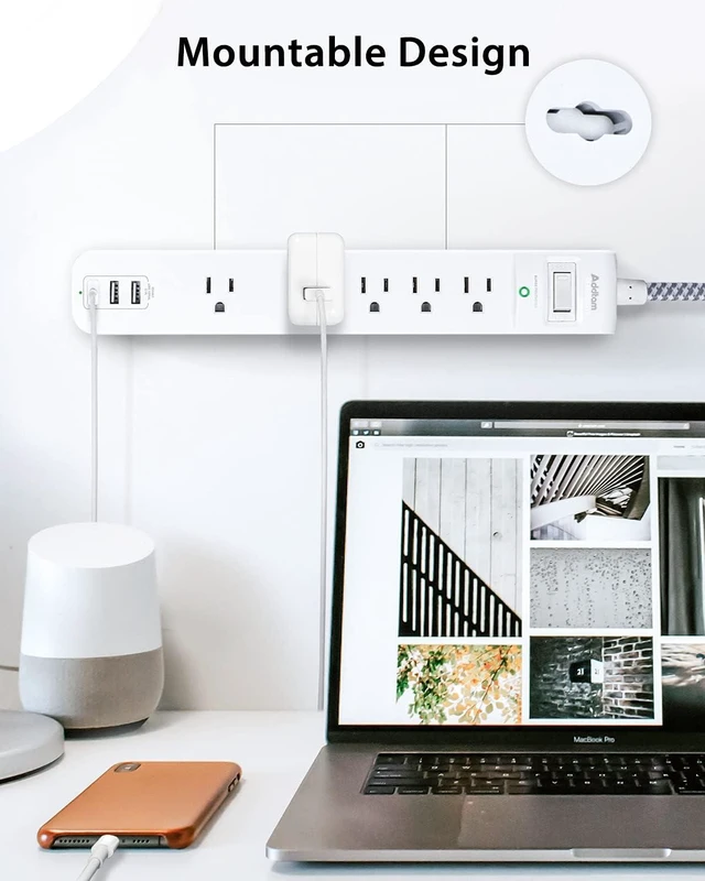 Alt view image 13 of 14 - 2 Pack Power Strip Surge Protector - 5 Widely Spaced Outlets 3 USB Charging Ports, 1875W/15A with 5Ft Braided Extension Cord, Flat Plug, Overload Surge Protection, Wall Mount for Home Office,White