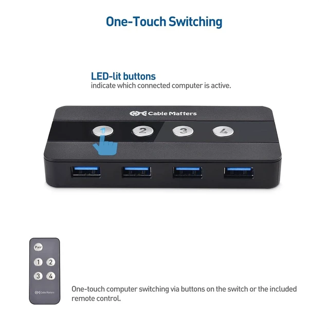 Alt view image 12 of 14 - Cable Matters 4 Port USB 3.0 Switch Hub USB Sharing Switch for 4 Computers and USB Peripherals - Button or Wireless Remote Control Switching - Includes a USB-C Adapter for USB-C USB4 and Thunderbolt 4