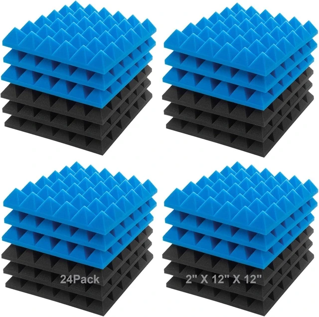 Alt view image 8 of 14 - JBER Acoustic Sound Foam Panels, 24 Pack 2" X 12" X 12" Blue and Black Soundproofing Treatment Studio Wall Padding Sound Absorbing Fireproof Pyramid Acoustic Treatment