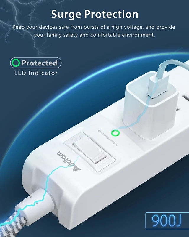 Alt view image 12 of 14 - 2 Pack Power Strip Surge Protector - 5 Widely Spaced Outlets 3 USB Charging Ports, 1875W/15A with 5Ft Braided Extension Cord, Flat Plug, Overload Surge Protection, Wall Mount for Home Office,White
