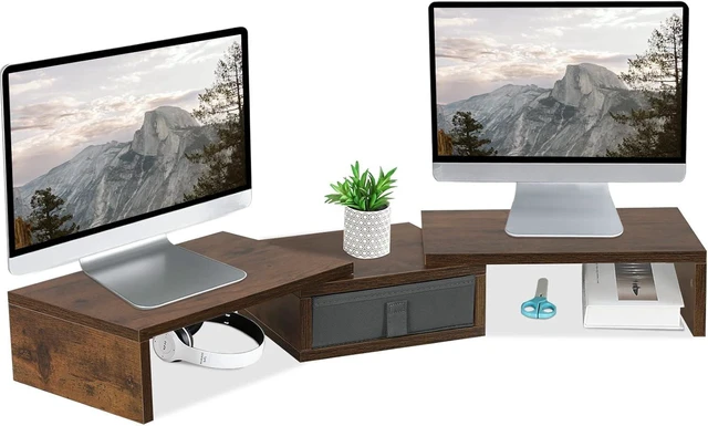 Alt view image 7 of 12 - TEAMIX 3 Shelf Monitor Stand Riser with Drawer-Length and Angle Adjustable Dual Monitor Riser with Storage Corner Desk Shelf Organizer Large Computer Stand for 2 Monitors/Laptop (Brown, 1 Drawer)