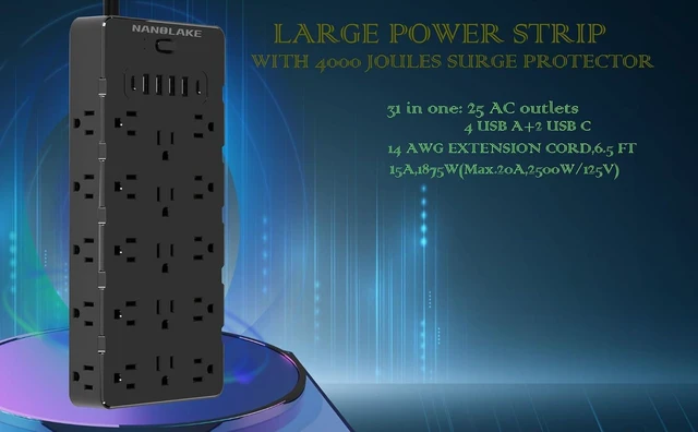 Alt view image 10 of 14 - Large Surge Protector Power Strip with USB Ports (4A+2C),Heavy Duty Extension Cord 14 Gauge 6.5 Ft,4000 Joules Surge Protection,25 Spaced AC Outlets,for Commercial,Home,Office,Dorm,Black,ETL Listed