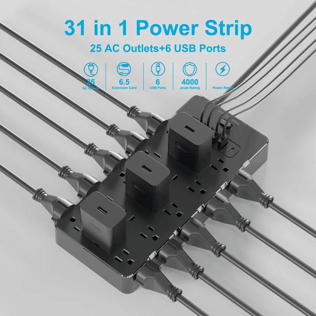 Alt view image 11 of 14 - Large Surge Protector Power Strip with USB Ports (4A+2C),Heavy Duty Extension Cord 14 Gauge 6.5 Ft,4000 Joules Surge Protection,25 Spaced AC Outlets,for Commercial,Home,Office,Dorm,Black,ETL Listed