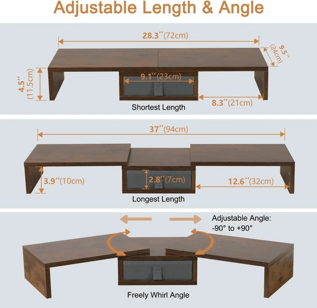 Alt view image 10 of 12 - TEAMIX 3 Shelf Monitor Stand Riser with Drawer-Length and Angle Adjustable Dual Monitor Riser with Storage Corner Desk Shelf Organizer Large Computer Stand for 2 Monitors/Laptop (Brown, 1 Drawer)