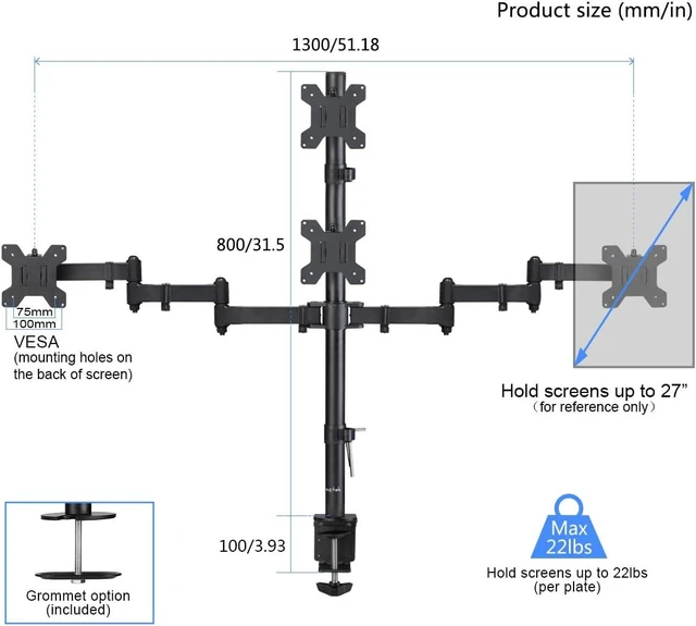 Alt view image 8 of 12 - Suptek Quad LED LCD Monitor Stand up Desk Mount Extra Tall 31.5 inch Pole Heavy Duty Fully Adjustable Stand for 4 (3+1) / Four Screens up to 27 inch (MD6864)