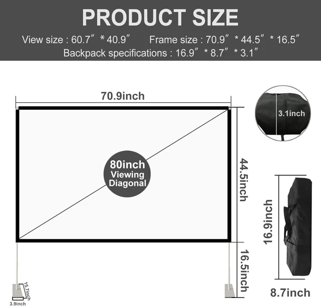 Alt view image 9 of 14 - Projector Screen with Stand 80 inch Portable Projection Screen 16:9 4K HD Projections Movies Screen with Carry Bag for Indoor Outdoor Home Theater Backyard Cinema Travel