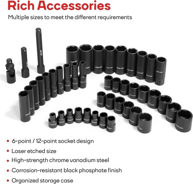 Alt view image 10 of 14 - Eastvolt Mechanic Tool Kits, Drive Socket Set, 46 Pieces, with 72 Teeth Reversible Ratchet, Metric/SAE (ASK06)