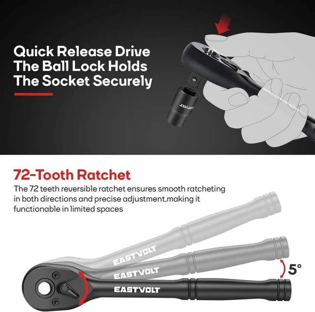 Alt view image 11 of 14 - Eastvolt Mechanic Tool Kits, Drive Socket Set, 46 Pieces, with 72 Teeth Reversible Ratchet, Metric/SAE (ASK06)