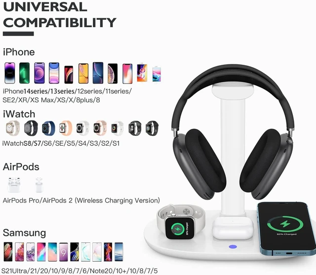 Alt view image 9 of 14 - Headphone Stand with 15w Wireless Charger, Suguder 4 in 1 Charging Station Headset Holder for AirPods Max/Pro/4/3/2 iWatch 10/9/8/7/6/5/4/3/2/1/SE iPhone 16/15/14/13/12/11/X for Desktop Table Game