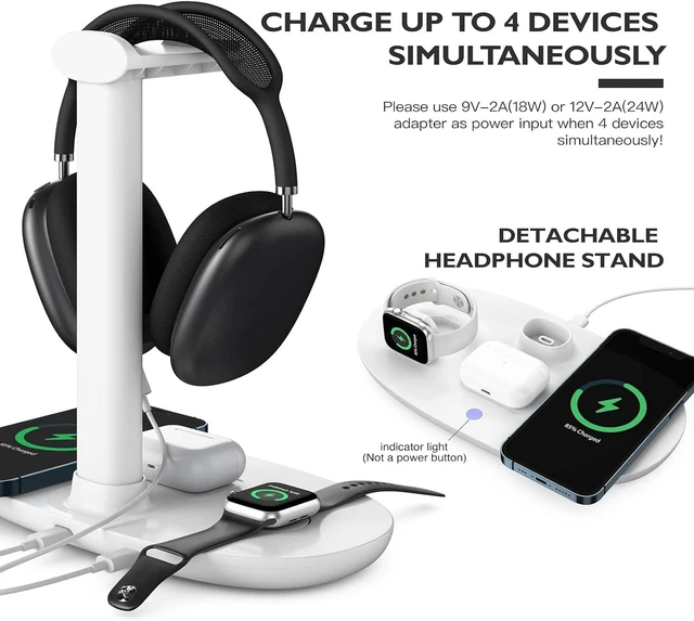 Alt view image 10 of 14 - Headphone Stand with 15w Wireless Charger, Suguder 4 in 1 Charging Station Headset Holder for AirPods Max/Pro/4/3/2 iWatch 10/9/8/7/6/5/4/3/2/1/SE iPhone 16/15/14/13/12/11/X for Desktop Table Game