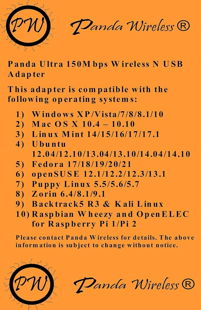 Alt view image 10 of 10 - Panda Ultra WiFi (b/g/n) 150Mbps Wireless-N 2.4GHz USB Adapter - Windows XP/Vista/7/8/10/11, Mint, Ubuntu, Fedora, Centos, Zorin, Kali Linux and Raspbian