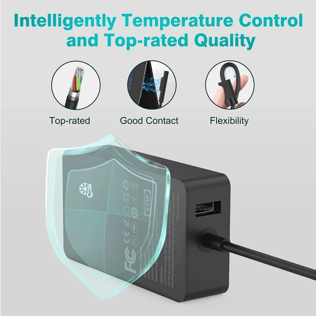 Alt view image 10 of 12 - 65W Surface Pro Laptop Charger for Microsoft Surface Pro 10, 9, 8, 7+, 7, 6, 5, 4, 3, X, Windows Surface Laptop 6, 5, 4, 3, 2, 1, Surface Go Tablet, Surface Book 3, 2, 1, Support 44W, 36W, LED, 10FT