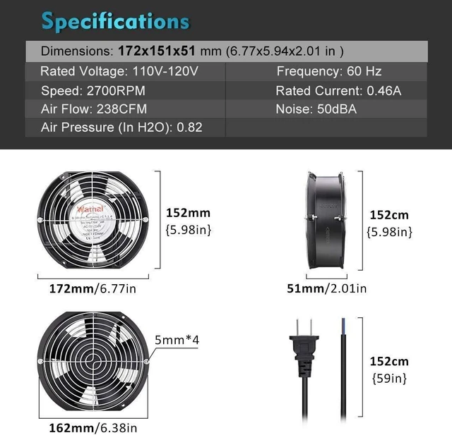 Alt view image 9 of 14 - Wathai AC 110V 120V Axial Fan Big Airflow High Speed Dual Ball 172mm x 150mm x 51mm for DIY Cooling Ventilation Exhaust Projects For Server