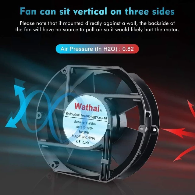 Alt view image 11 of 14 - Wathai AC 110V 120V Axial Fan Big Airflow High Speed Dual Ball 172mm x 150mm x 51mm for DIY Cooling Ventilation Exhaust Projects For Server