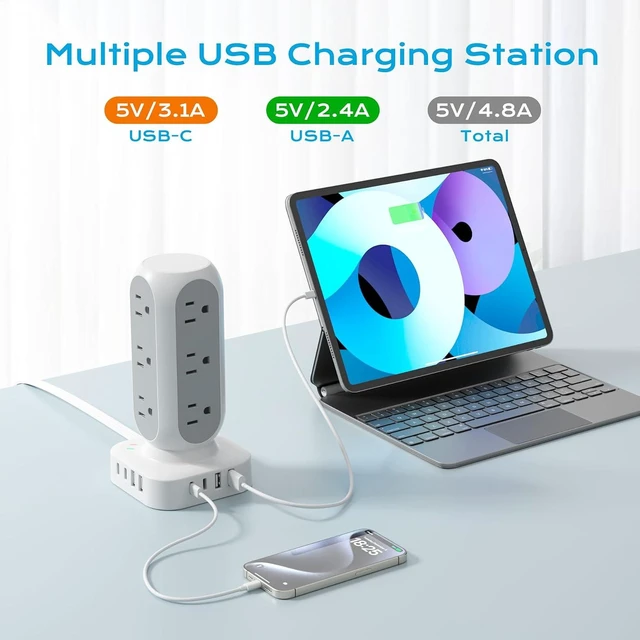 Alt view image 8 of 12 - Tower Surge Protector Power Strip, 10FT Extension Cord with Multiple Outlets, Flat Plug Outlet Extender with 12 AC Outlets & 8 USB Ports, 24W Total Charging Station for Home Office Dorm Room