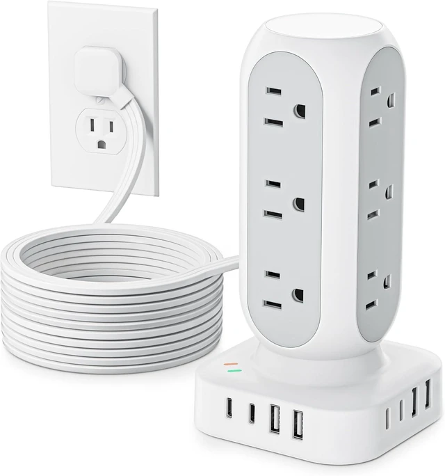 Alt view image 7 of 12 - Tower Surge Protector Power Strip, 10FT Extension Cord with Multiple Outlets, Flat Plug Outlet Extender with 12 AC Outlets & 8 USB Ports, 24W Total Charging Station for Home Office Dorm Room