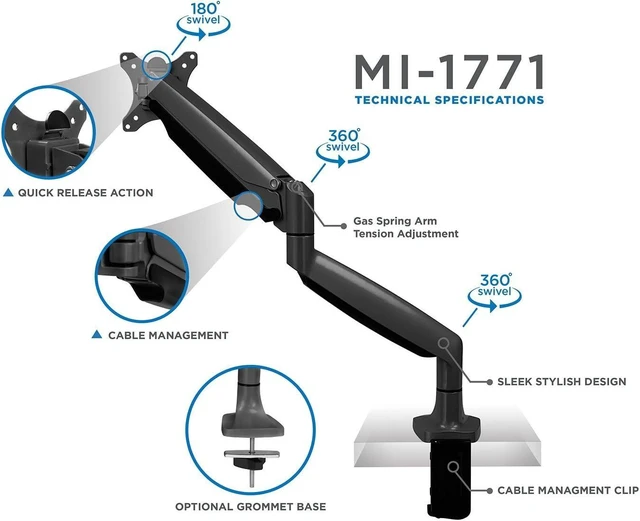 Alt view image 13 of 14 - Mount-It! Single Monitor Arm Desk Mount | Gas Spring Monitor Arm | Full Motion Articulating Height Adjustable | Fits 21 22 23 24 27 30 32 Inch VESA Compatible Computer Screen | Clamp and Grommet Base