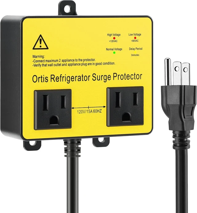 Alt view image 8 of 14 - Refrigerator Surge Protector, Ortis Double Outlet Voltage Protector for Home Appliances with Time Delay, Protects Against Brownout, Spike, Instant Surge All Voltage Abnormalities, Yellow