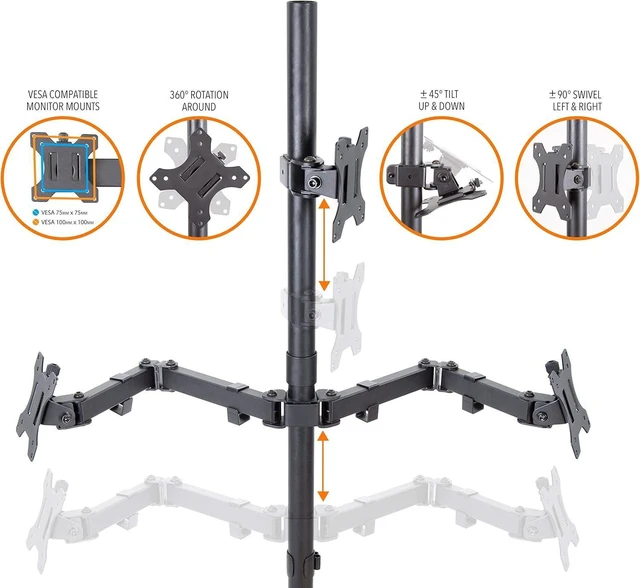 Alt view image 11 of 14 - Stand Steady Triple Monitor Desk Stand with Clamp-On Base, for Home or Office Use, Height Adjustable Computer Monitor Stand with Full Articulation VESA Mounts, Fits Most LCD/LED Monitors 13-32 Inches