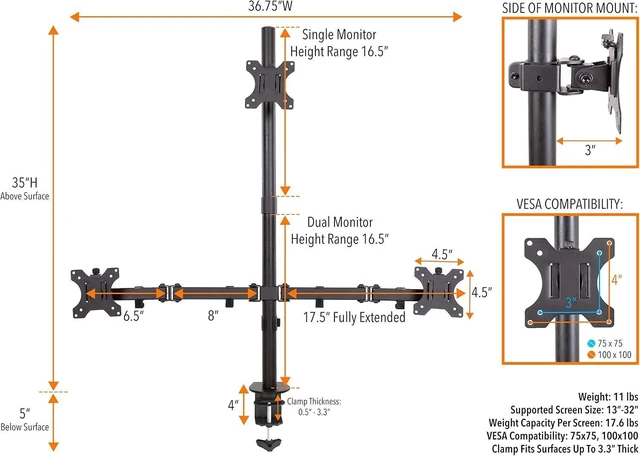 Alt view image 13 of 14 - Stand Steady Triple Monitor Desk Stand with Clamp-On Base, for Home or Office Use, Height Adjustable Computer Monitor Stand with Full Articulation VESA Mounts, Fits Most LCD/LED Monitors 13-32 Inches