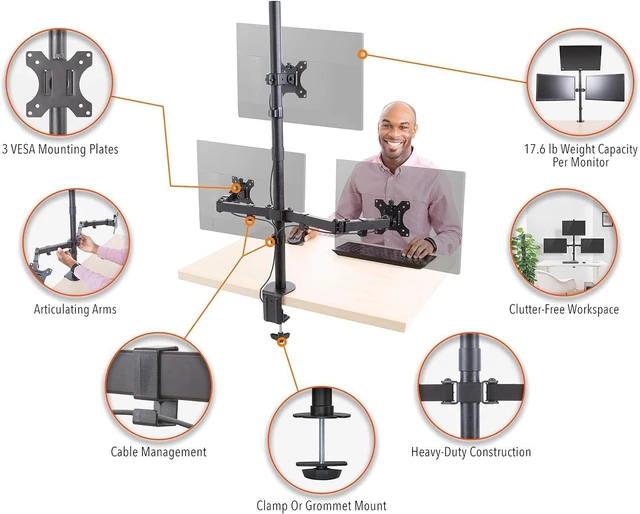 Alt view image 14 of 14 - Stand Steady Triple Monitor Desk Stand with Clamp-On Base, for Home or Office Use, Height Adjustable Computer Monitor Stand with Full Articulation VESA Mounts, Fits Most LCD/LED Monitors 13-32 Inches