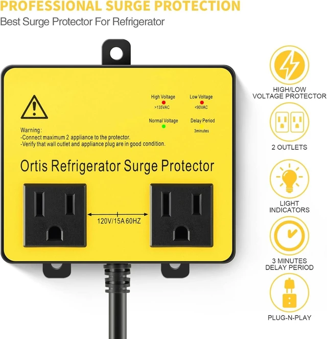 Alt view image 9 of 14 - Refrigerator Surge Protector, Ortis Double Outlet Voltage Protector for Home Appliances with Time Delay, Protects Against Brownout, Spike, Instant Surge All Voltage Abnormalities, Yellow