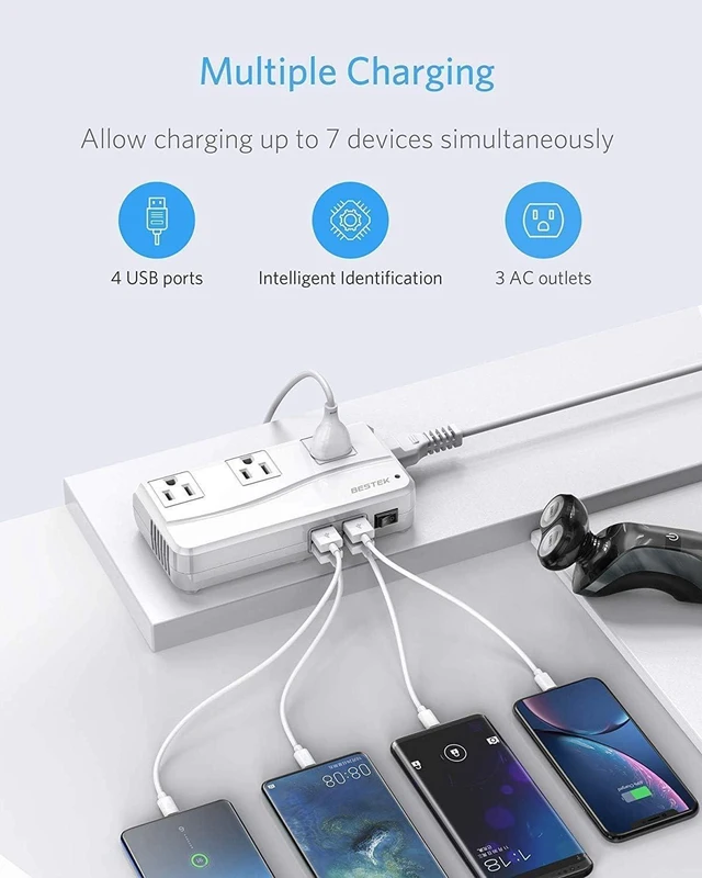 Alt view image 12 of 14 - BESTEK Universal Travel Adapter 100-220V to 110V Voltage Converter 250W with 6A 4-Port USB Charging 3 AC Sockets and EU/UK/AU/US/India Worldwide Plug Adapter (White)