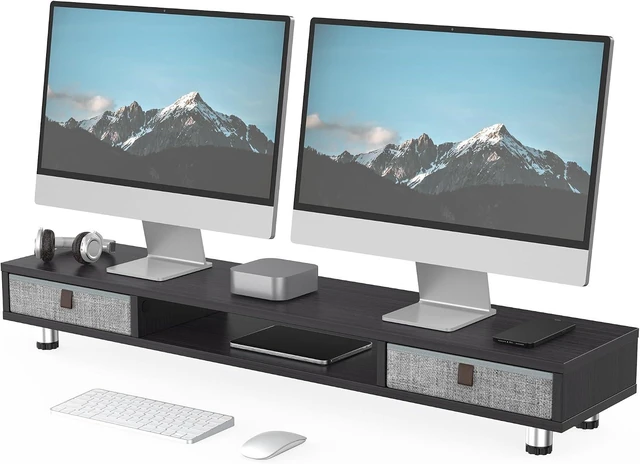 Alt view image 8 of 14 - Fenge Monitor Stand, Dual Monitor Stand with 2 Drawers, Monitor Riser for 2 Monitors, Adjustable Height Computer Stand, Office Monitor Stands for Desk, Laptop, PC, TV, Printer