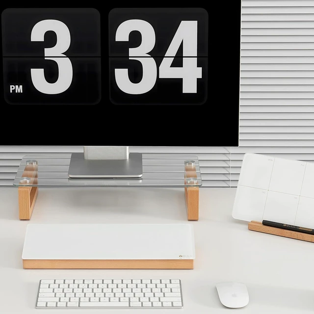 Alt view image 9 of 9 - YEOUX Multi-Purpose Desktop Stand, Clear Floating Computer Monitor Riser with Natural Wood Base, Desk Organization Shelf for Printer, Laptop, Audio Device, Flat Screen