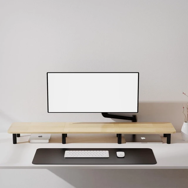 Alt view image 9 of 14 - Large Extra Long Monitor Stand Riser 43.7in,Dual Monitor Riser, Wide TV Stand for 2 Monitors, Wood & Steel Leg Adjustable Height Desktop Riser, Home Office Organization. (Natural)