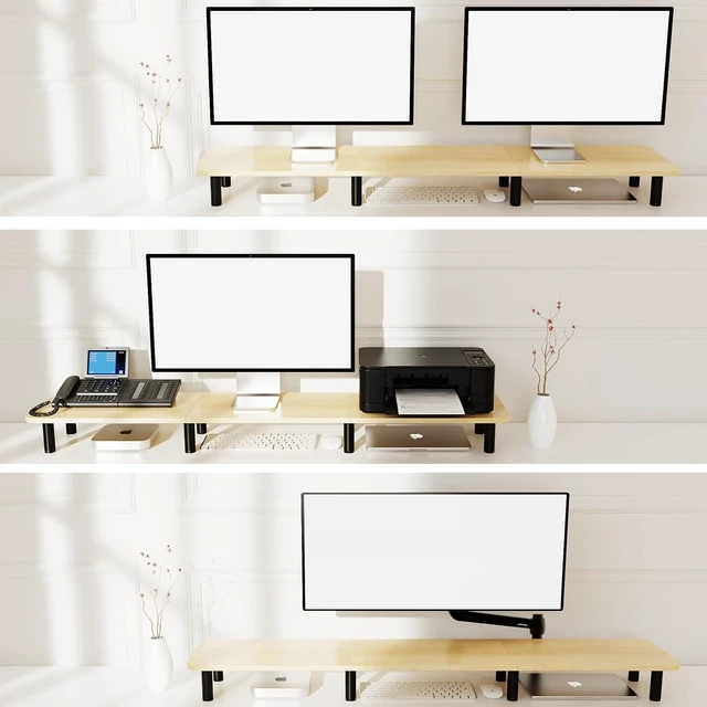 Alt view image 10 of 14 - Large Extra Long Monitor Stand Riser 43.7in,Dual Monitor Riser, Wide TV Stand for 2 Monitors, Wood & Steel Leg Adjustable Height Desktop Riser, Home Office Organization. (Natural)
