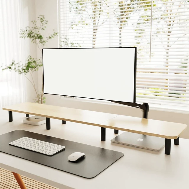 Alt view image 11 of 14 - Large Extra Long Monitor Stand Riser 43.7in,Dual Monitor Riser, Wide TV Stand for 2 Monitors, Wood & Steel Leg Adjustable Height Desktop Riser, Home Office Organization. (Natural)