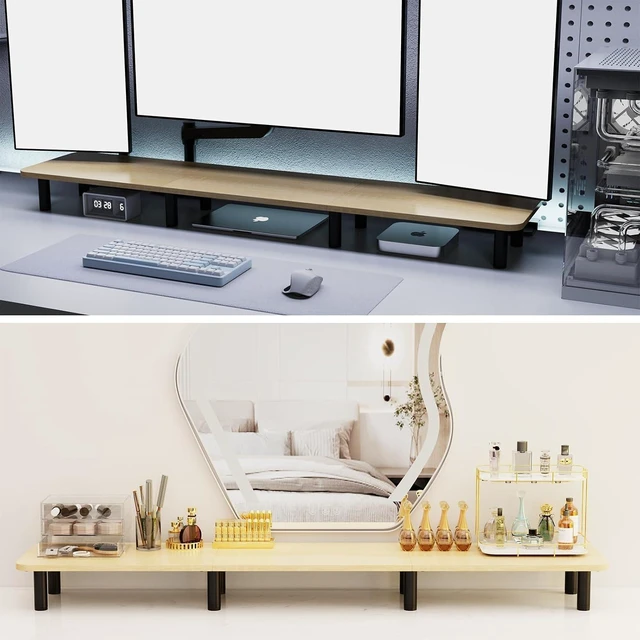 Alt view image 14 of 14 - Large Extra Long Monitor Stand Riser 43.7in,Dual Monitor Riser, Wide TV Stand for 2 Monitors, Wood & Steel Leg Adjustable Height Desktop Riser, Home Office Organization. (Natural)